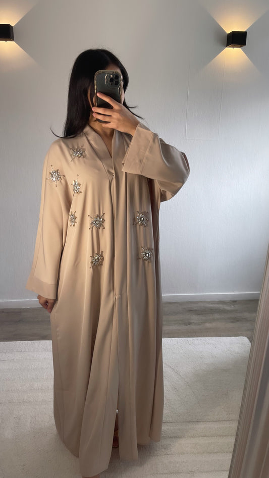 Abaya Yara à strass doré et argenté [ Beige ]