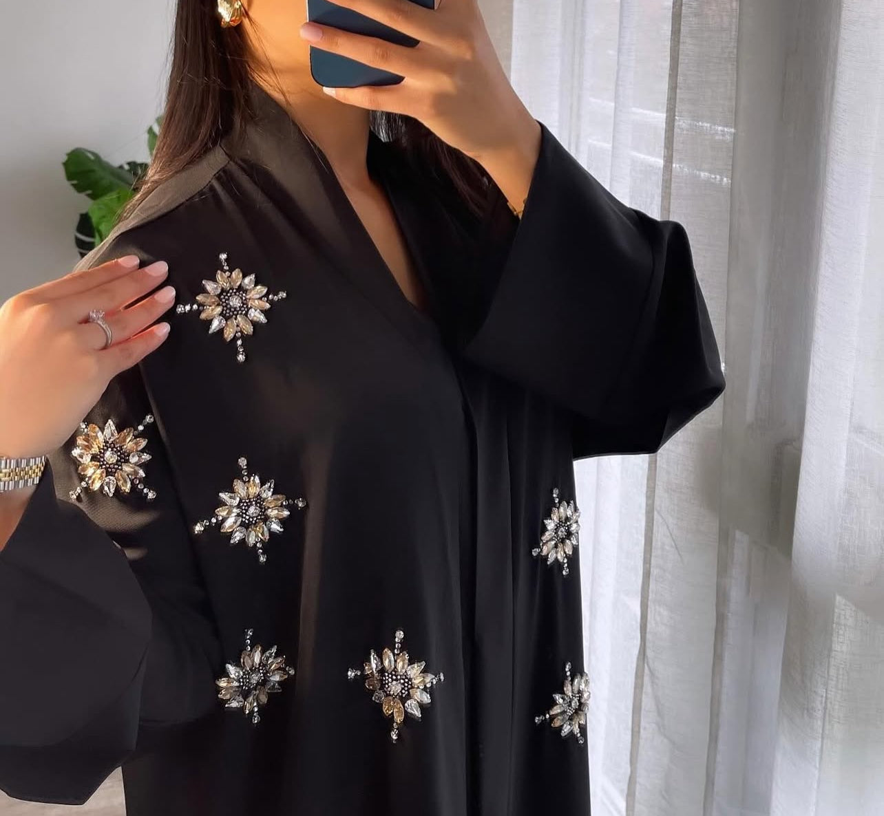 Abaya Yara à strass doré et argenté [ Noir]